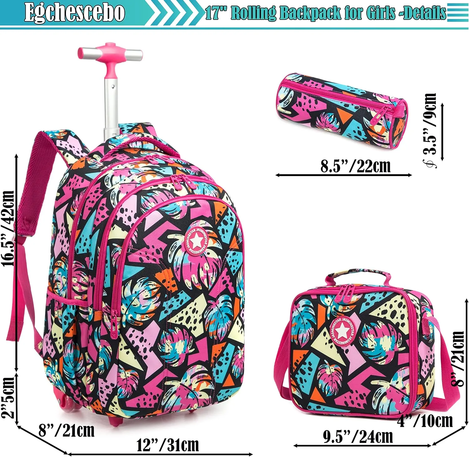 Egchescebo Girls Rolling Backpacks with Wheels 3PCS Feather Backpack Set for School Wheeled Luggage Suitcase Lunch Box Pencil Case Large Capacity Bookbag Adjustable Trolley for Elementary Travel Red