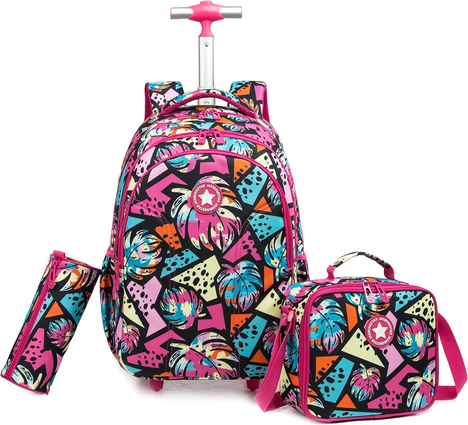 Egchescebo Girls Rolling Backpacks with Wheels 3PCS Feather Backpack Set for School Wheeled Luggage Suitcase Lunch Box Pencil Case Large Capacity Bookbag Adjustable Trolley for Elementary Travel Red