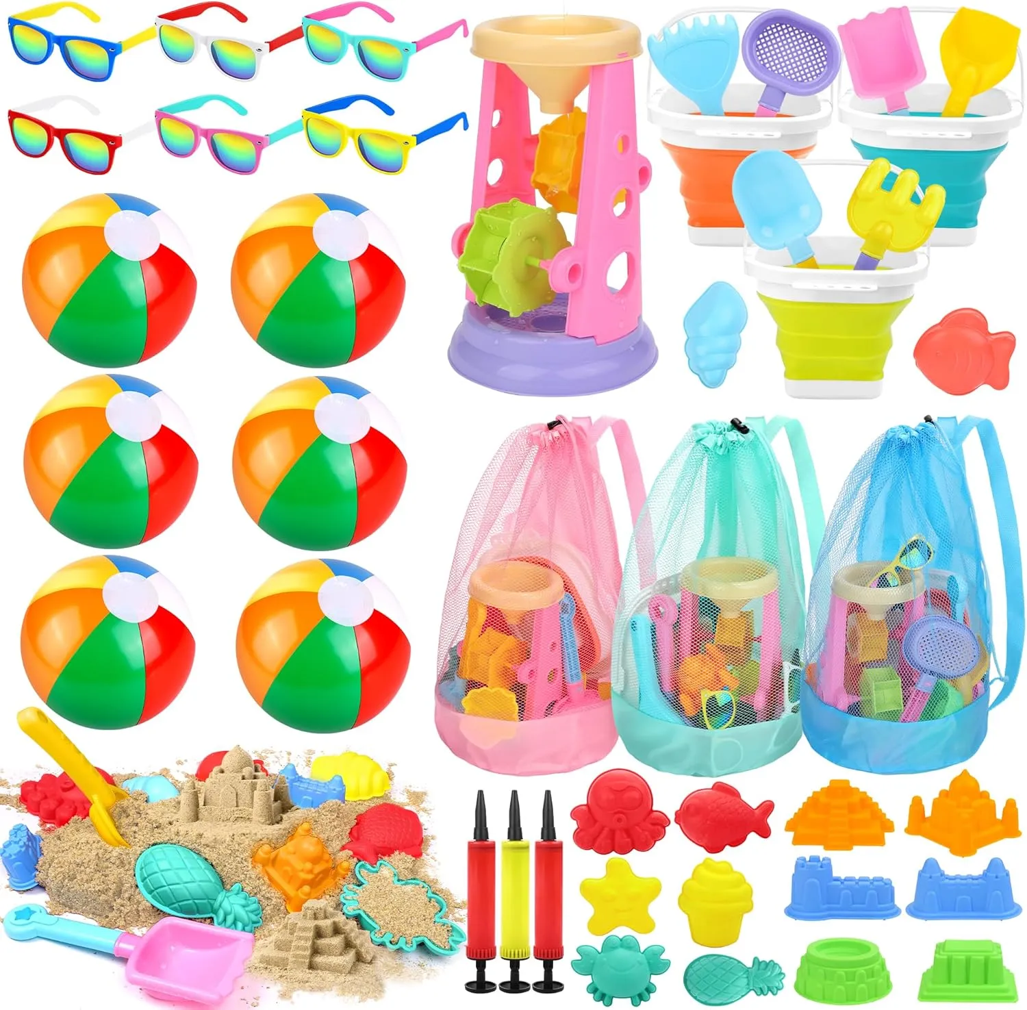 Elcoho 44 Pieces Beach Toys Set with 3 Collapsible Bucket, 1 Sand Glass, 12 Sand Castle Building Kit, Shovels, Sunglasses, Beach Balls, Mesh Bags Summer Outdoor Party Games for Kids Aged 3-10