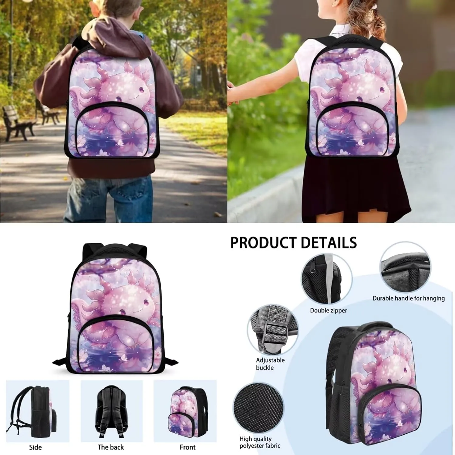 Elementary School Bag Backpack with Lunch Box Bag Pencil Case Set Kindergarten/Preschool School Bookbag Daypack Cartoon Axolotl School Bag Backpack