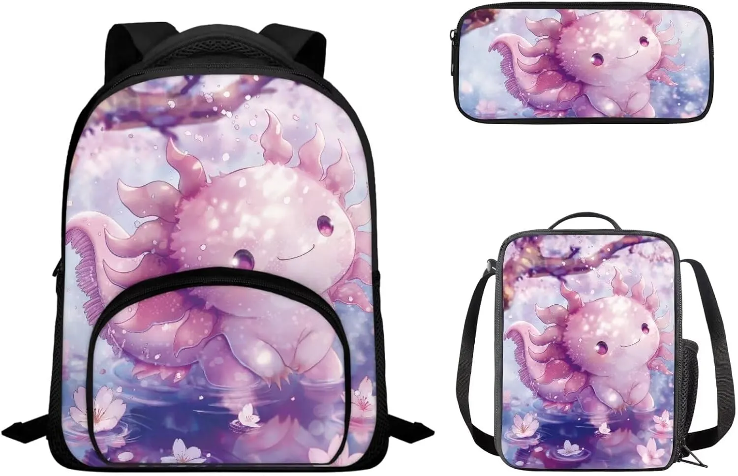 Elementary School Bag Backpack with Lunch Box Bag Pencil Case Set Kindergarten/Preschool School Bookbag Daypack Cartoon Axolotl School Bag Backpack