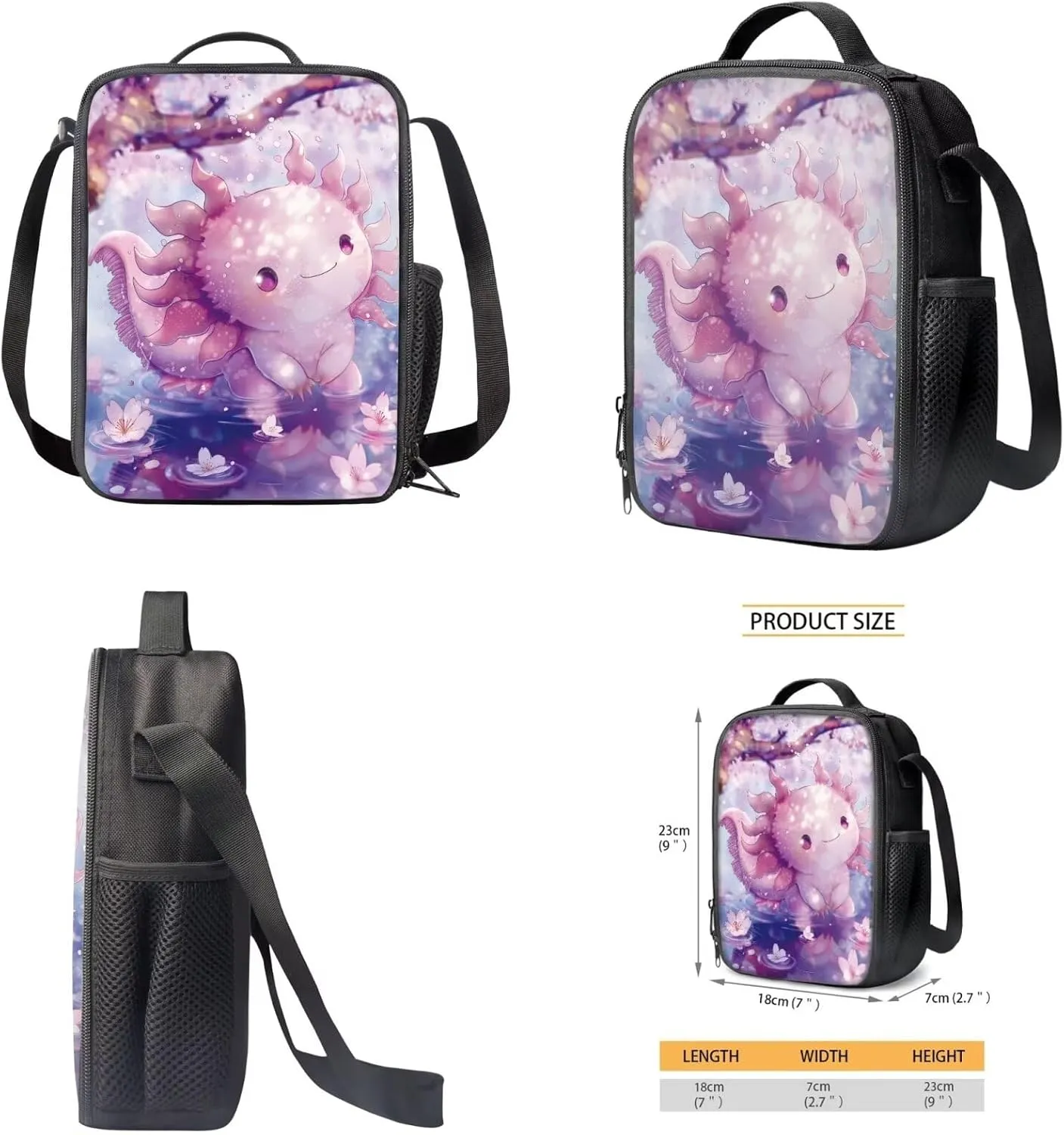 Elementary School Bag Backpack with Lunch Box Bag Pencil Case Set Kindergarten/Preschool School Bookbag Daypack Cartoon Axolotl School Bag Backpack