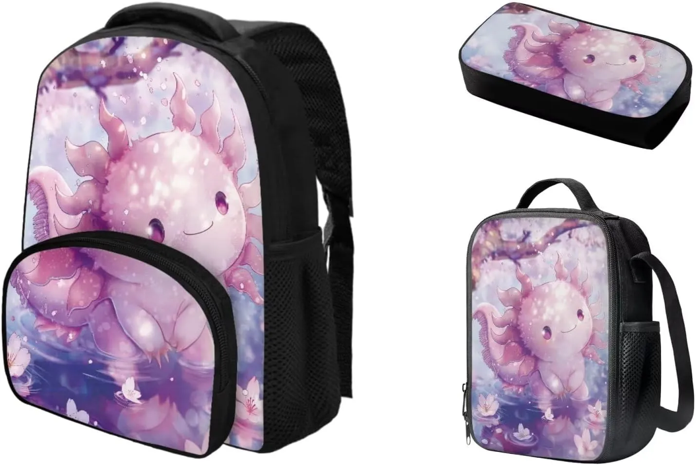 Elementary School Bag Backpack with Lunch Box Bag Pencil Case Set Kindergarten/Preschool School Bookbag Daypack Cartoon Axolotl School Bag Backpack