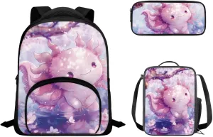 Elementary School Bag Backpack with Lunch Box Bag Pencil Case Set Kindergarten/Preschool School Bookbag Daypack Cartoon Axolotl School Bag Backpack