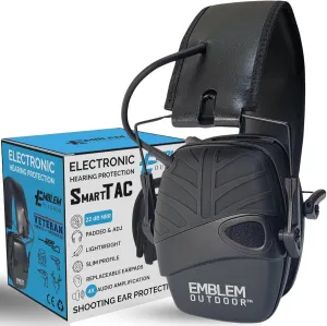 Emblem OD SmartTAC Electronic Shooting Ear Protection | Active Hearing Protection | Hunting & Shooting Earmuffs for Hearing Protection | Kids Shooting Ear Protection for Gun Range | Tactical (Black)
