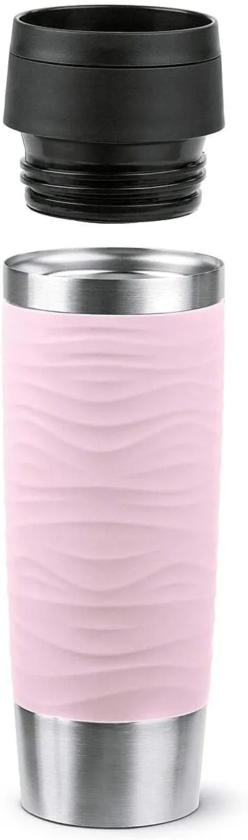 Emsa N20227 Travel Mug Wave Insulated Mug 0.5 Litres, Comfort Screw Cap, Stainless Steel, 6 Hours Hot and 12 Hours Cool, 100% Leak-Proof, Dishwasher Safe, 360° Drinking Opening, Pastel Pink