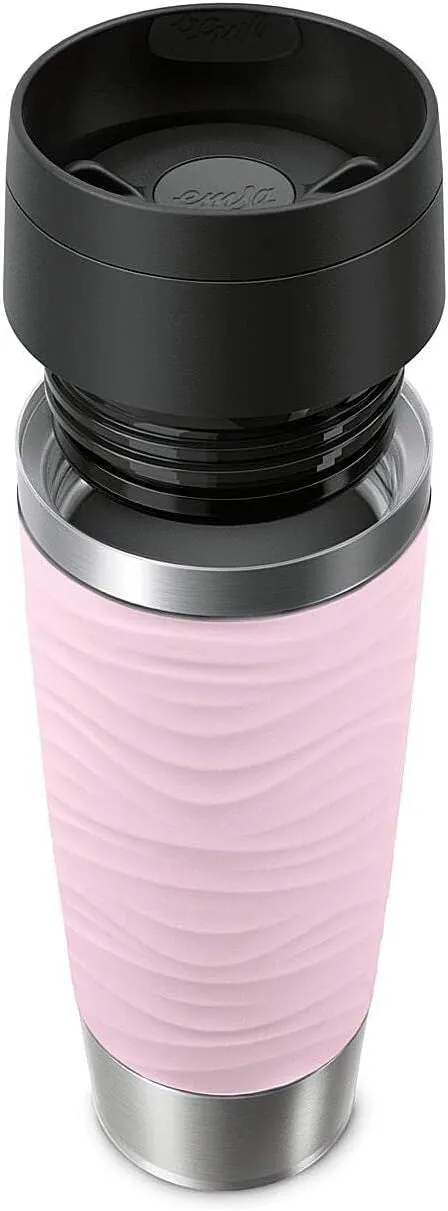 Emsa N20227 Travel Mug Wave Insulated Mug 0.5 Litres, Comfort Screw Cap, Stainless Steel, 6 Hours Hot and 12 Hours Cool, 100% Leak-Proof, Dishwasher Safe, 360° Drinking Opening, Pastel Pink