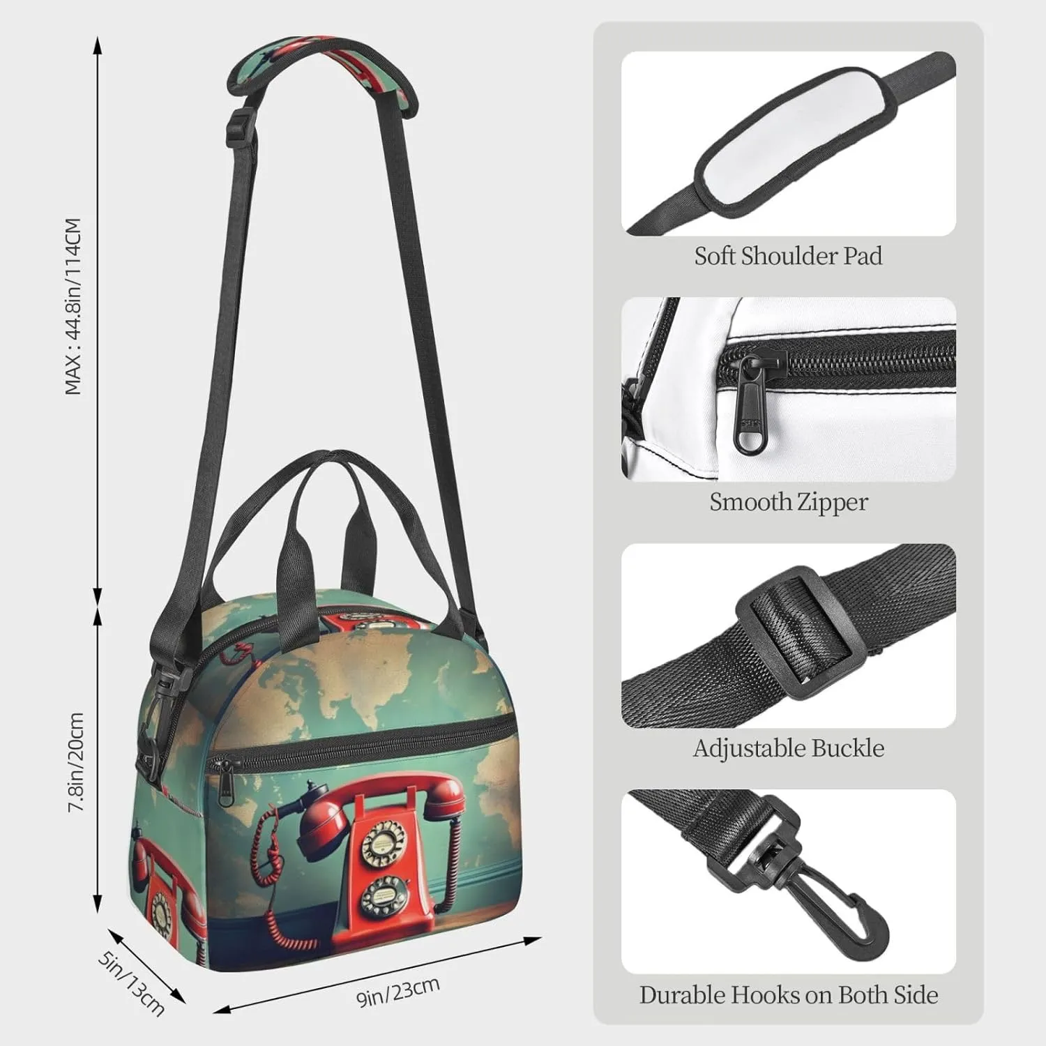 England Uk Retro London Telephone Print Crossbody Insulated Lunch Bags For Women Men Cooler Bag Lightweight Waterproof Lunch Box