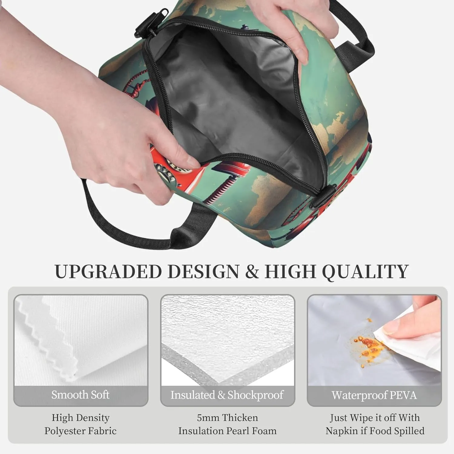 England Uk Retro London Telephone Print Crossbody Insulated Lunch Bags For Women Men Cooler Bag Lightweight Waterproof Lunch Box