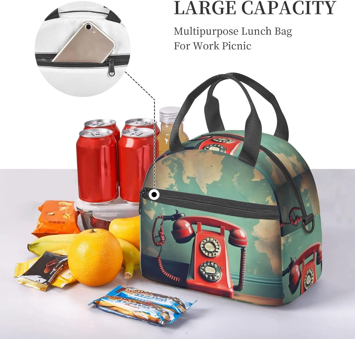 England Uk Retro London Telephone Print Crossbody Insulated Lunch Bags For Women Men Cooler Bag Lightweight Waterproof Lunch Box