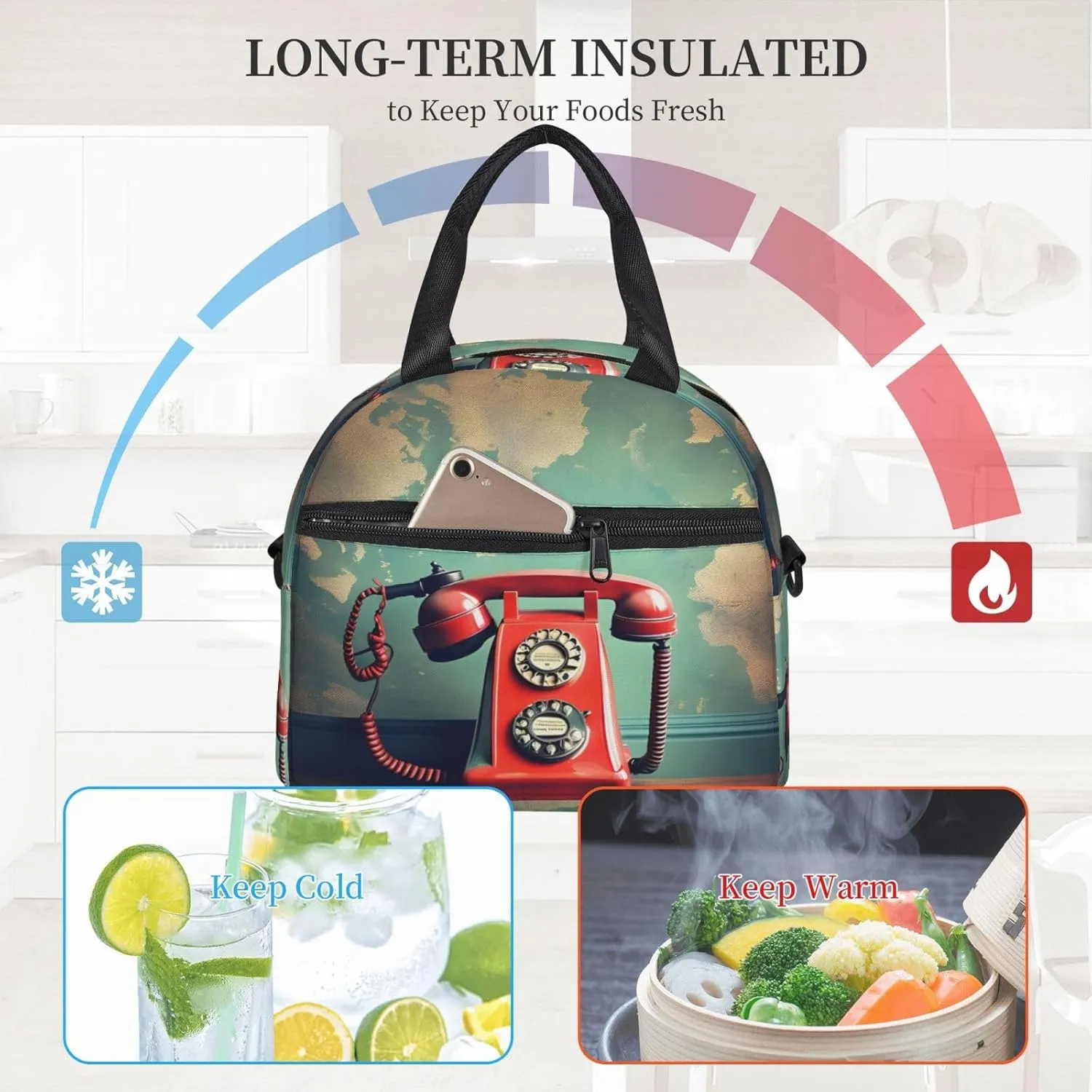 England Uk Retro London Telephone Print Crossbody Insulated Lunch Bags For Women Men Cooler Bag Lightweight Waterproof Lunch Box
