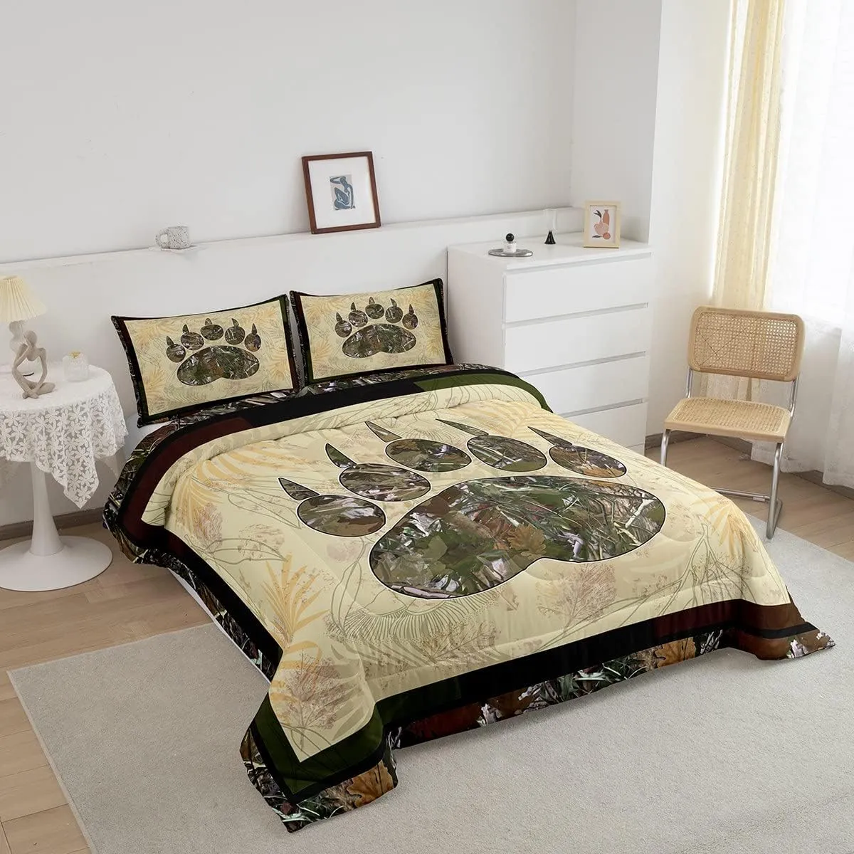 Erosebridal Camo Bear Paw Bedding Set Full Camouflage Wild Animal Down Comforter Nature Woodland Tree Branch Camo Comforter Set for Kids Boys Teen Men,Wildlife Quilt Duvet with 2 Pillow Cases