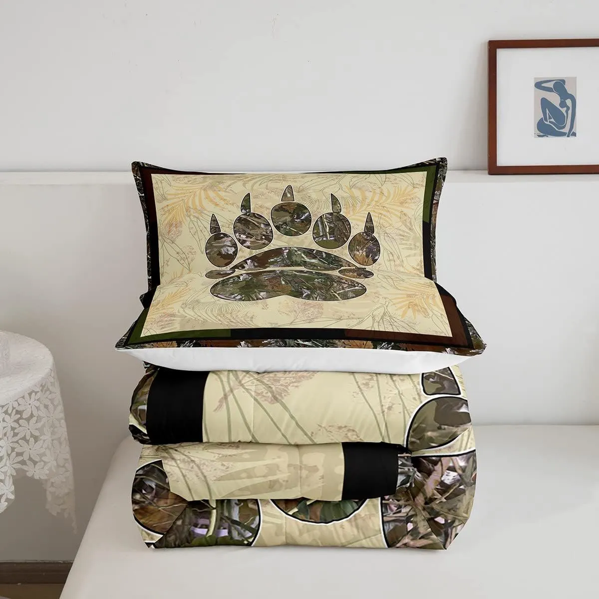 Erosebridal Camo Bear Paw Bedding Set Full Camouflage Wild Animal Down Comforter Nature Woodland Tree Branch Camo Comforter Set for Kids Boys Teen Men,Wildlife Quilt Duvet with 2 Pillow Cases