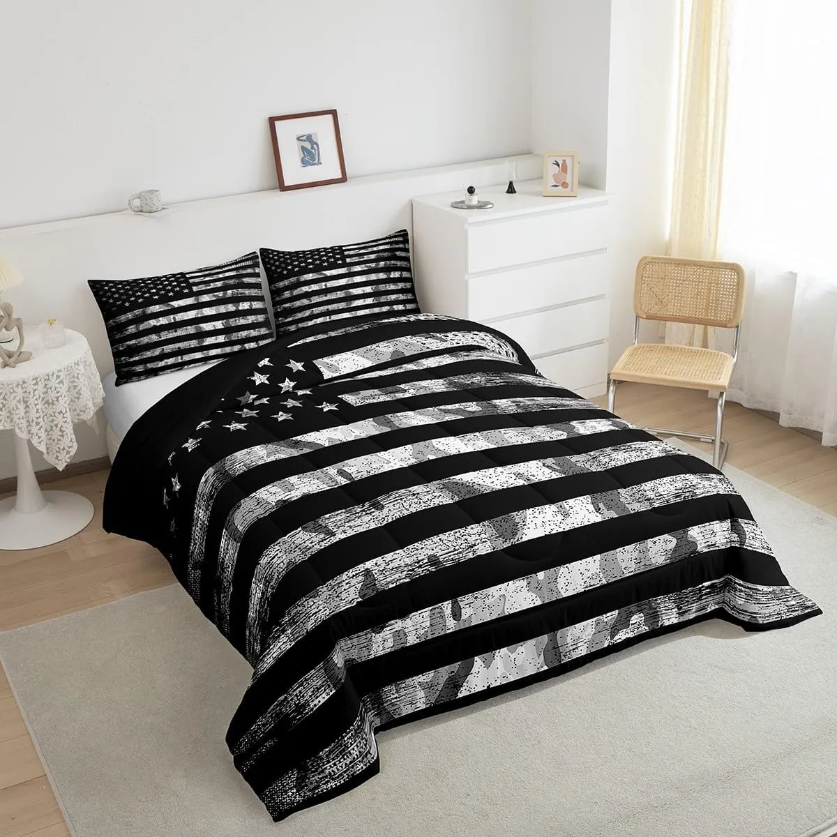 Erosebridal Camo Queen Comforter Set,Boys Camo Black Bedding Set for Teen Boy,Camouflage American Flag Quilt Inner Fill for All Season,Grunge USA Flag Down Comforter with 2 Pillowcases,Warm