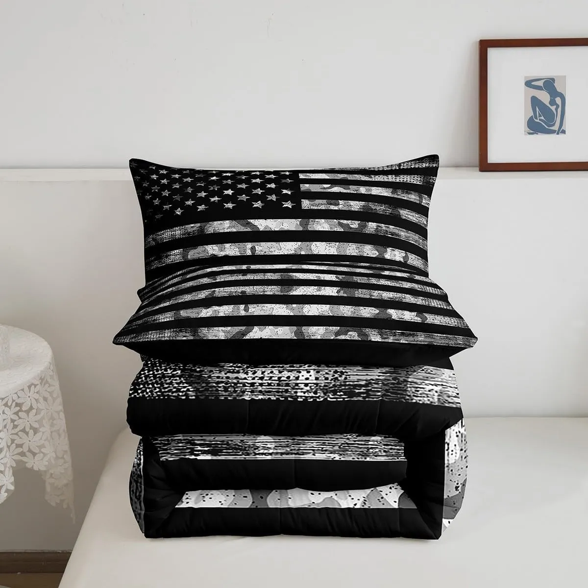 Erosebridal Camo Queen Comforter Set,Boys Camo Black Bedding Set for Teen Boy,Camouflage American Flag Quilt Inner Fill for All Season,Grunge USA Flag Down Comforter with 2 Pillowcases,Warm
