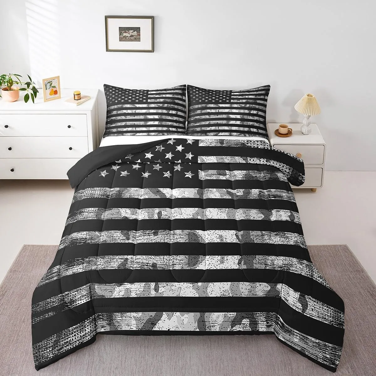 Erosebridal Camo Queen Comforter Set,Boys Camo Black Bedding Set for Teen Boy,Camouflage American Flag Quilt Inner Fill for All Season,Grunge USA Flag Down Comforter with 2 Pillowcases,Warm