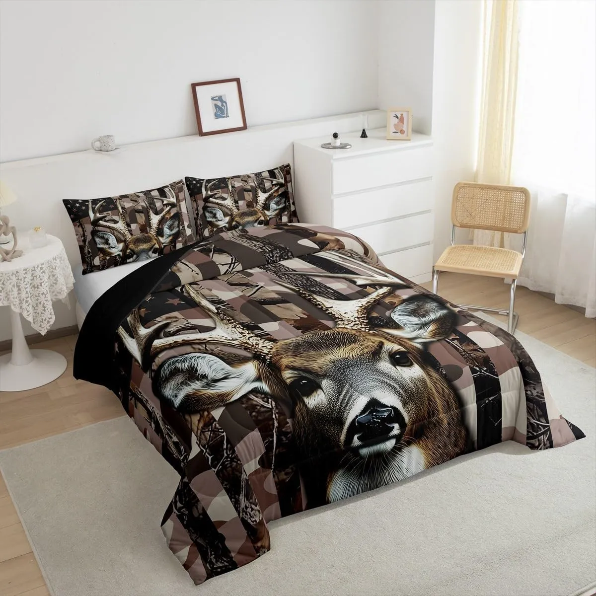Erosebridal Deer Hunting Camo Comforter Set Queen for Kids Boys Girls,Hunter American Flag Bedding Set,Woodland Moose Down Comforter,Wildlife Reversible Bed Set with 2 Pillowcases Bedroom Decor