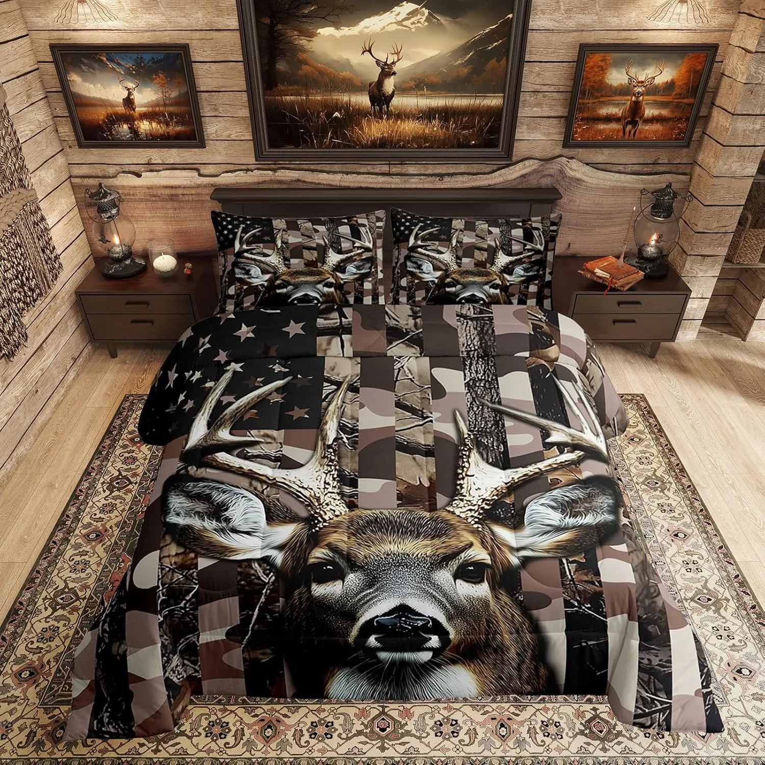Erosebridal Deer Hunting Camo Comforter Set Queen for Kids Boys Girls,Hunter American Flag Bedding Set,Woodland Moose Down Comforter,Wildlife Reversible Bed Set with 2 Pillowcases Bedroom Decor