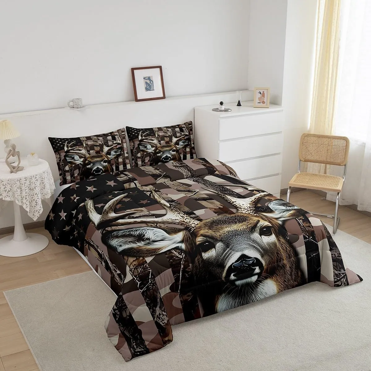 Erosebridal Deer Hunting Camo Comforter Set Queen for Kids Boys Girls,Hunter American Flag Bedding Set,Woodland Moose Down Comforter,Wildlife Reversible Bed Set with 2 Pillowcases Bedroom Decor