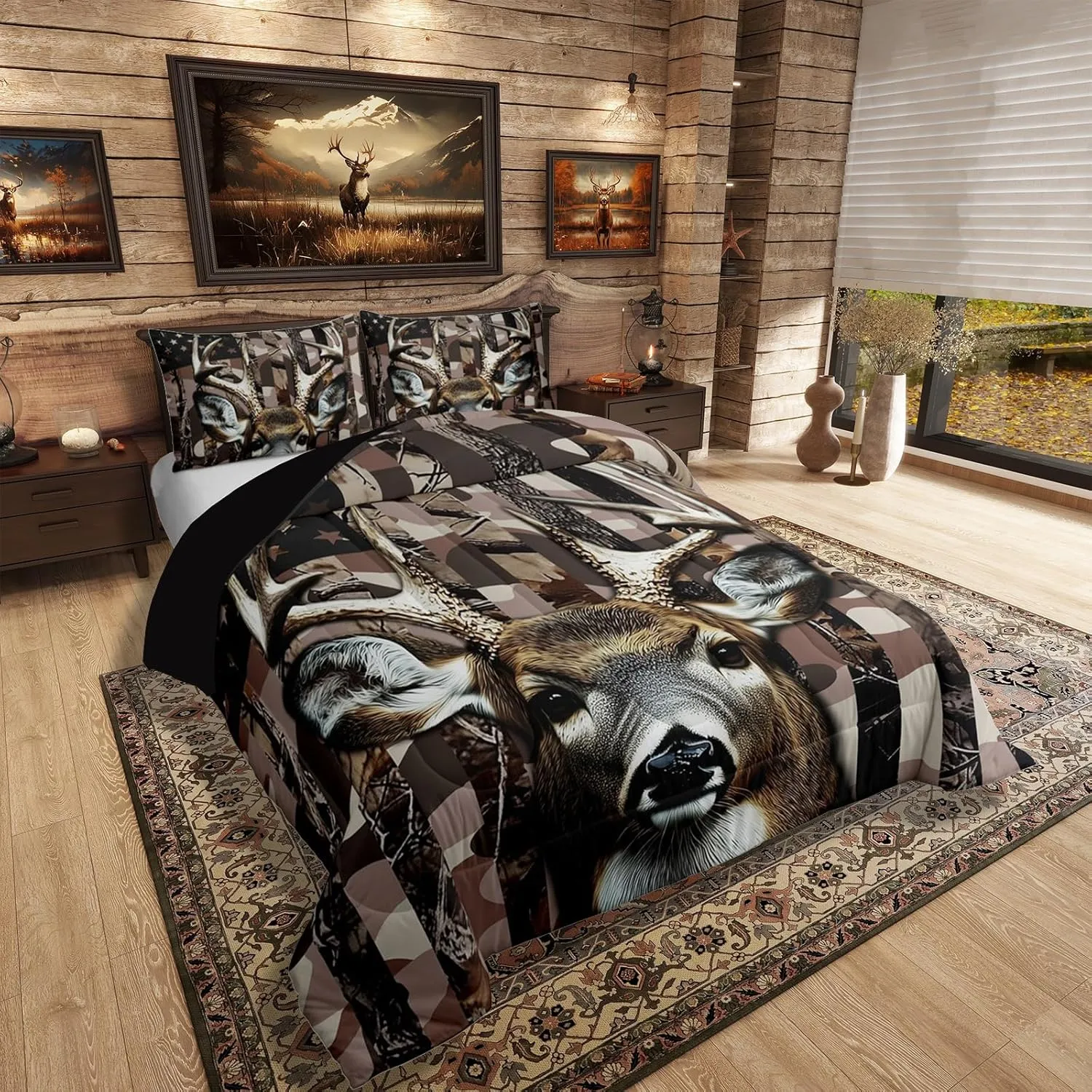 Erosebridal Deer Hunting Camo Comforter Set Queen for Kids Boys Girls,Hunter American Flag Bedding Set,Woodland Moose Down Comforter,Wildlife Reversible Bed Set with 2 Pillowcases Bedroom Decor
