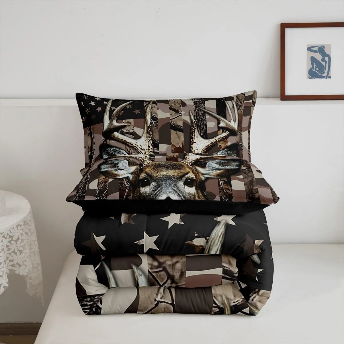 Erosebridal Deer Hunting Camo Comforter Set Queen for Kids Boys Girls,Hunter American Flag Bedding Set,Woodland Moose Down Comforter,Wildlife Reversible Bed Set with 2 Pillowcases Bedroom Decor