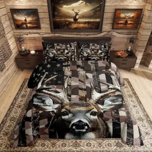 Erosebridal Deer Hunting Camo Comforter Set Queen for Kids Boys Girls,Hunter American Flag Bedding Set,Woodland Moose Down Comforter,Wildlife Reversible Bed Set with 2 Pillowcases Bedroom Decor