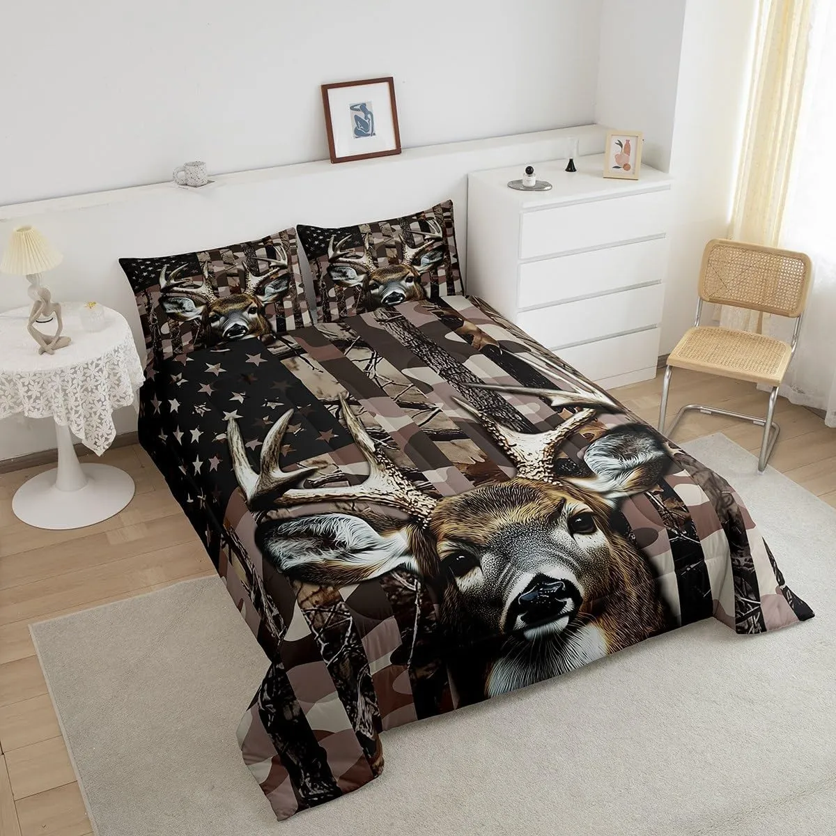 Erosebridal Deer Hunting Camo Comforter Set Queen for Kids Boys Girls,Hunter American Flag Bedding Set,Woodland Moose Down Comforter,Wildlife Reversible Bed Set with 2 Pillowcases Bedroom Decor