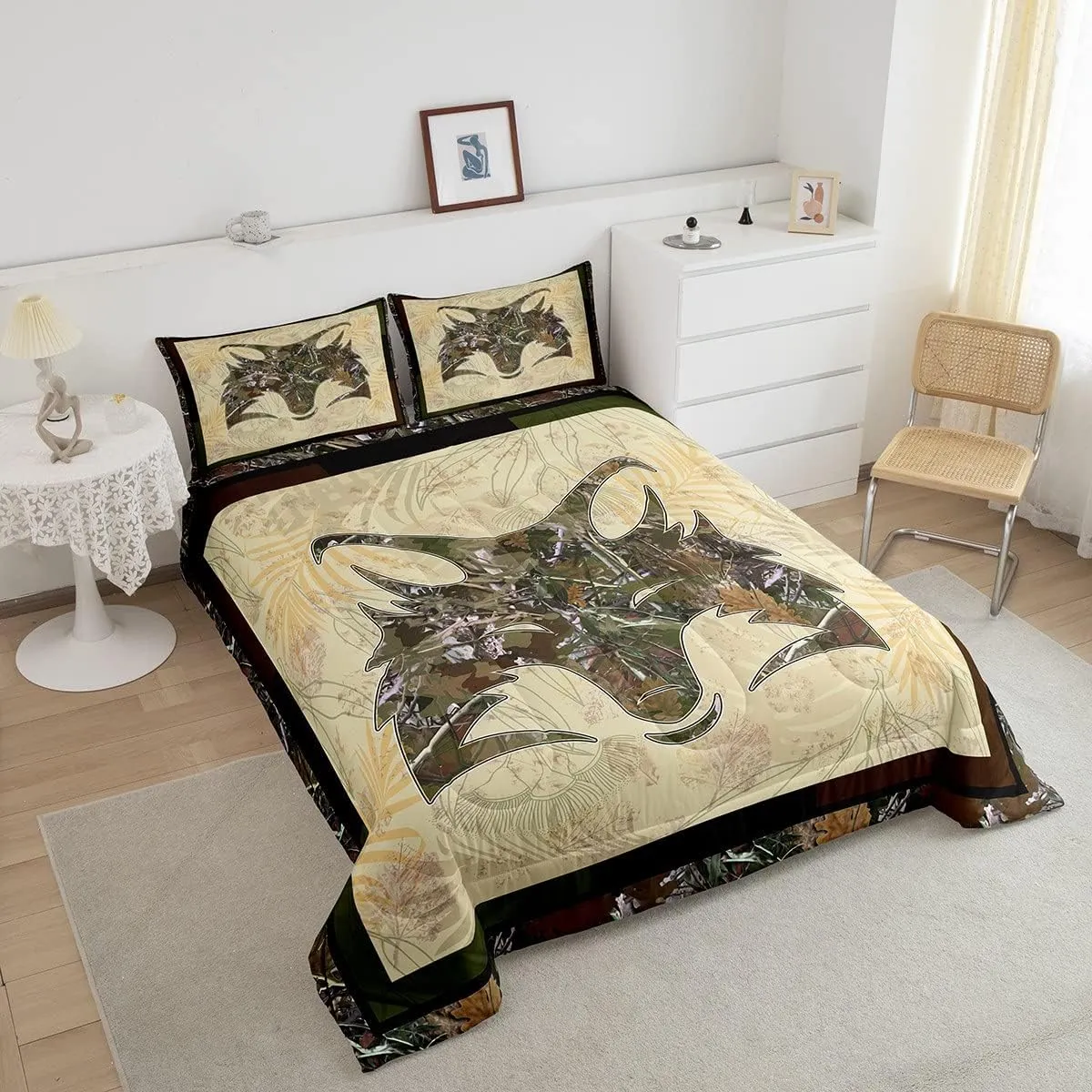 Erosebridal Fox Comforter Set Full Size Woodland Camo Down Comforter Army Green Camouflage Wild Animal Bedding Set for Boys Teen Men,Wildlife Nature Tree Branch Quilt Duvet with 2 Pillow Cases