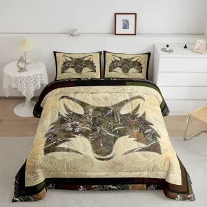 Erosebridal Fox Comforter Set Full Size Woodland Camo Down Comforter Army Green Camouflage Wild Animal Bedding Set for Boys Teen Men,Wildlife Nature Tree Branch Quilt Duvet with 2 Pillow Cases