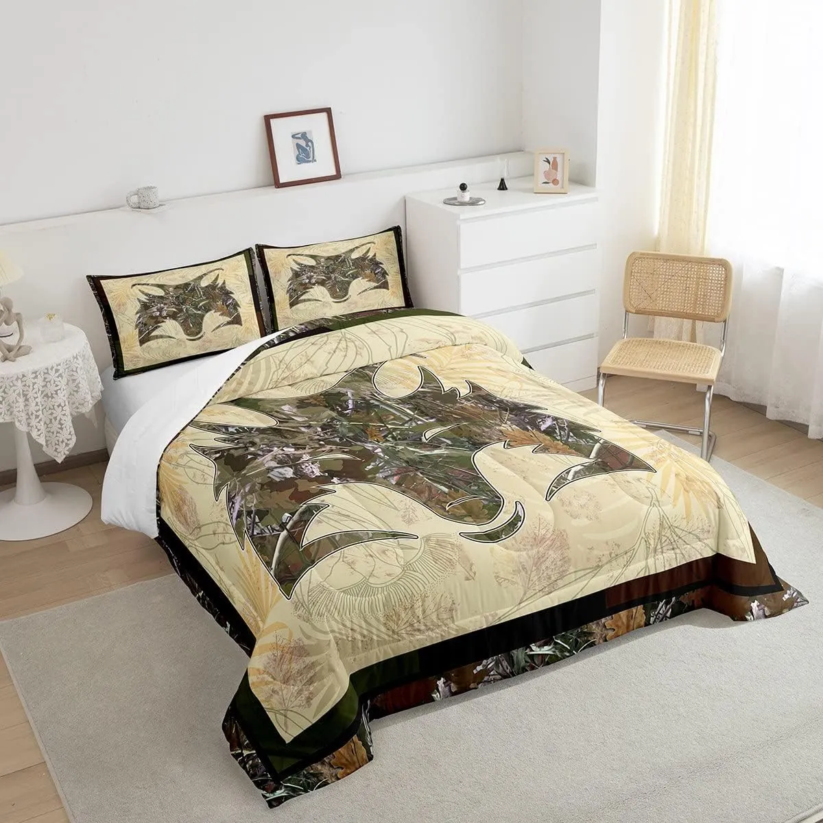 Erosebridal Fox Comforter Set Full Size Woodland Camo Down Comforter Army Green Camouflage Wild Animal Bedding Set for Boys Teen Men,Wildlife Nature Tree Branch Quilt Duvet with 2 Pillow Cases