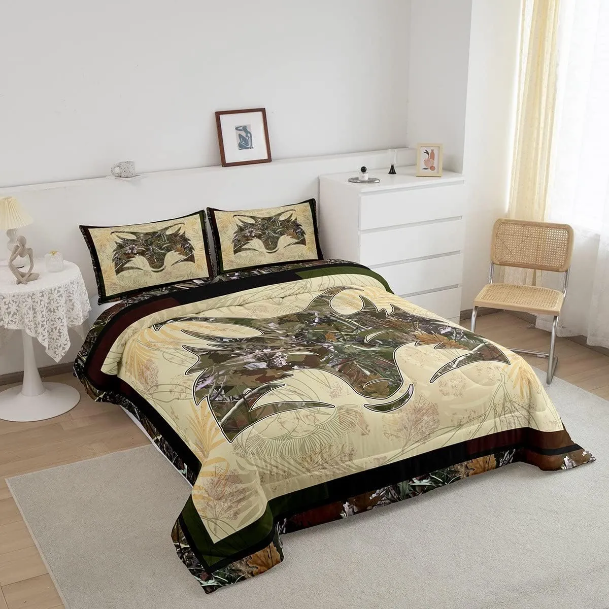 Erosebridal Fox Comforter Set Full Size Woodland Camo Down Comforter Army Green Camouflage Wild Animal Bedding Set for Boys Teen Men,Wildlife Nature Tree Branch Quilt Duvet with 2 Pillow Cases