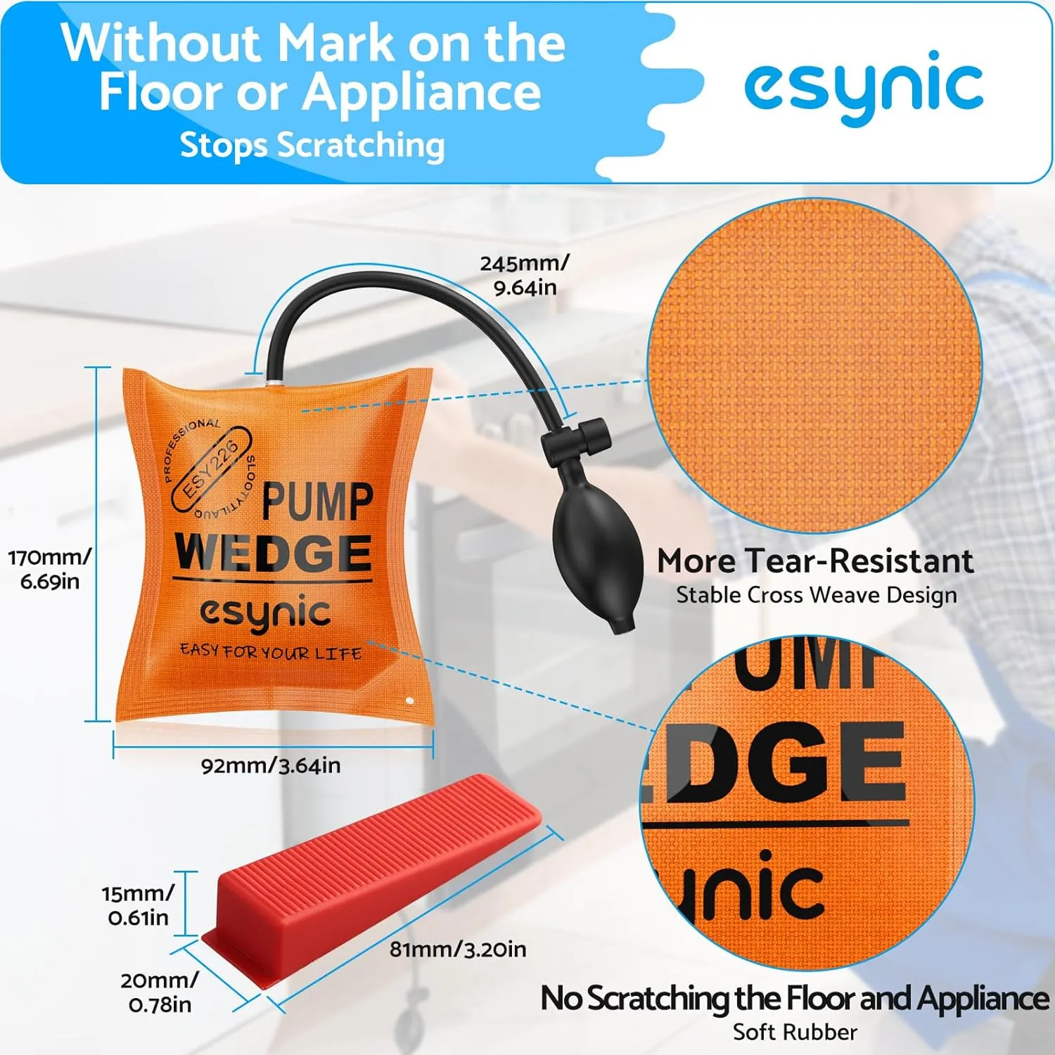 eSynic 3Pack Durable Air Wedge Bags Reliable Inflatable Shim WinBags Anti-slip Air Wedge Tools Load-bearing 300lbs/136kg Air Lifting Bags with 6 Wedges for Door Window Washing Machine Installation etc