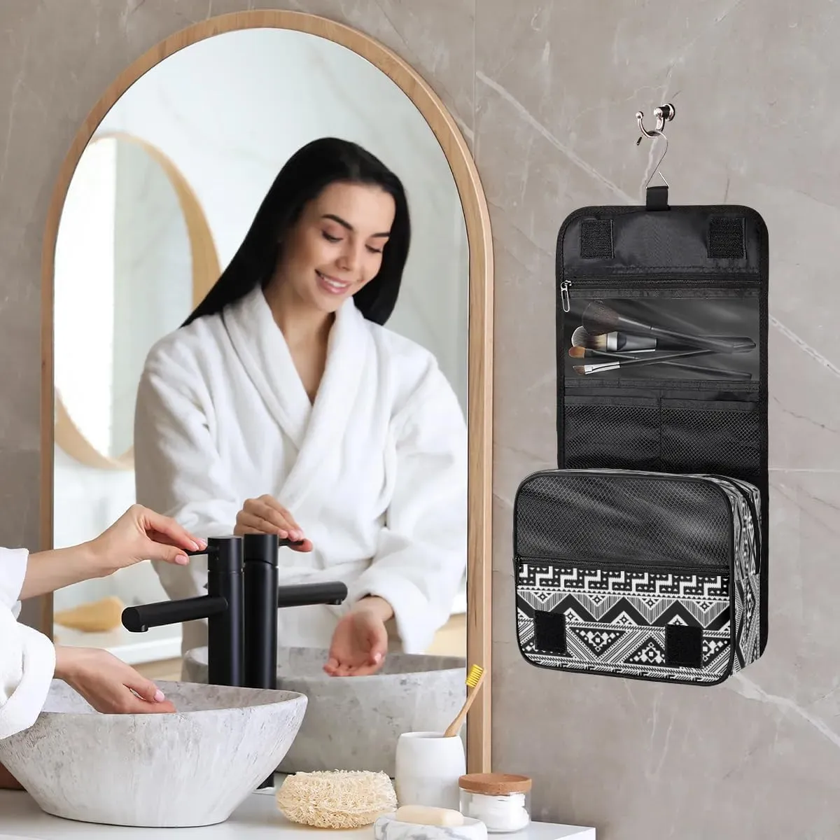Ethnic Aztec Strip Pattern Hanging Toiletry Bag Waterproof Makeup Cosmetic Bag Travel Bag Organizer for Accessories Shampoo Full Sized Container Travel-Essentials Toiletry Bag