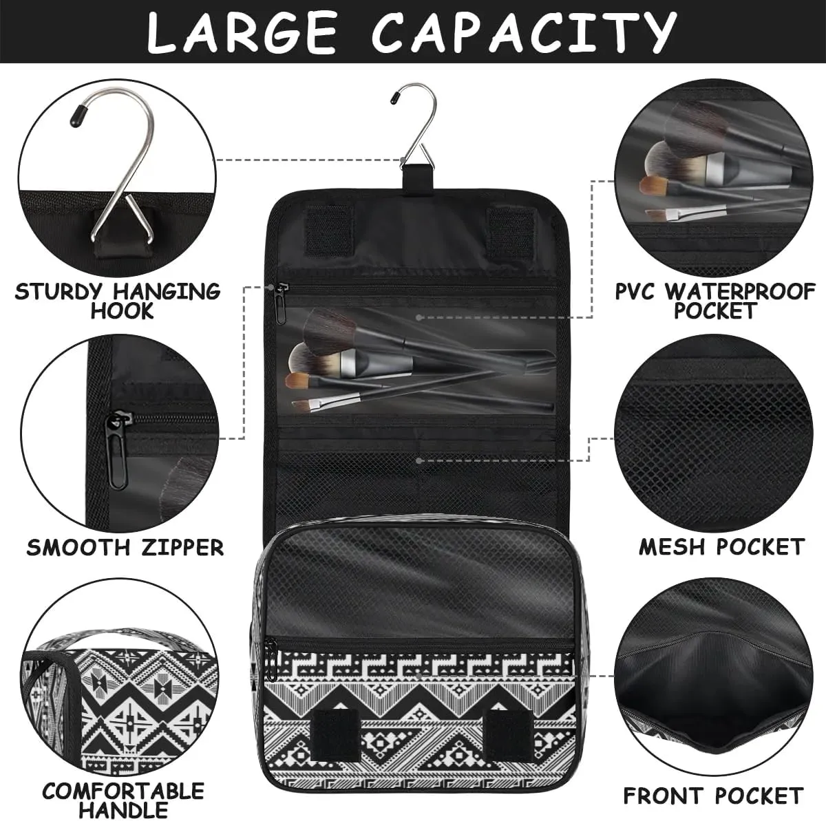 Ethnic Aztec Strip Pattern Hanging Toiletry Bag Waterproof Makeup Cosmetic Bag Travel Bag Organizer for Accessories Shampoo Full Sized Container Travel-Essentials Toiletry Bag