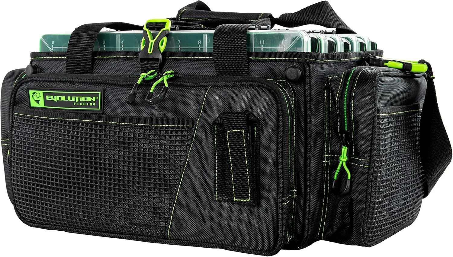 Evolution Outdoor Drift Series Topless Horizontal Tackle Bag – Outdoor Rucksack w/ 5 Fishing Tackle Trays, Padded Handle and Shoulder Strap, Plier Holster, Tackle Carrying Case