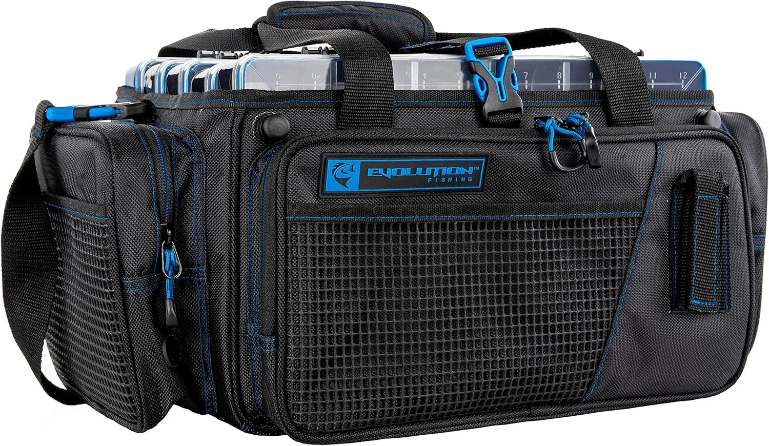 Evolution Outdoor Drift Series Topless Horizontal Tackle Bag – Outdoor Rucksack w/ 5 Fishing Tackle Trays, Padded Handle and Shoulder Strap, Plier Holster, Tackle Carrying Case