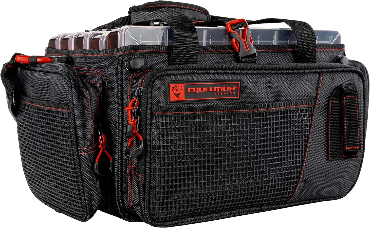 Evolution Outdoor Drift Series Topless Horizontal Tackle Bag – Outdoor Rucksack w/ 5 Fishing Tackle Trays, Padded Handle and Shoulder Strap, Plier Holster, Tackle Carrying Case