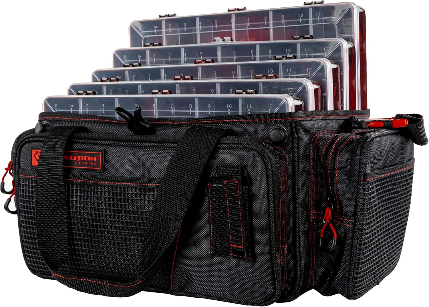 Evolution Outdoor Drift Series Topless Horizontal Tackle Bag – Outdoor Rucksack w/ 5 Fishing Tackle Trays, Padded Handle and Shoulder Strap, Plier Holster, Tackle Carrying Case