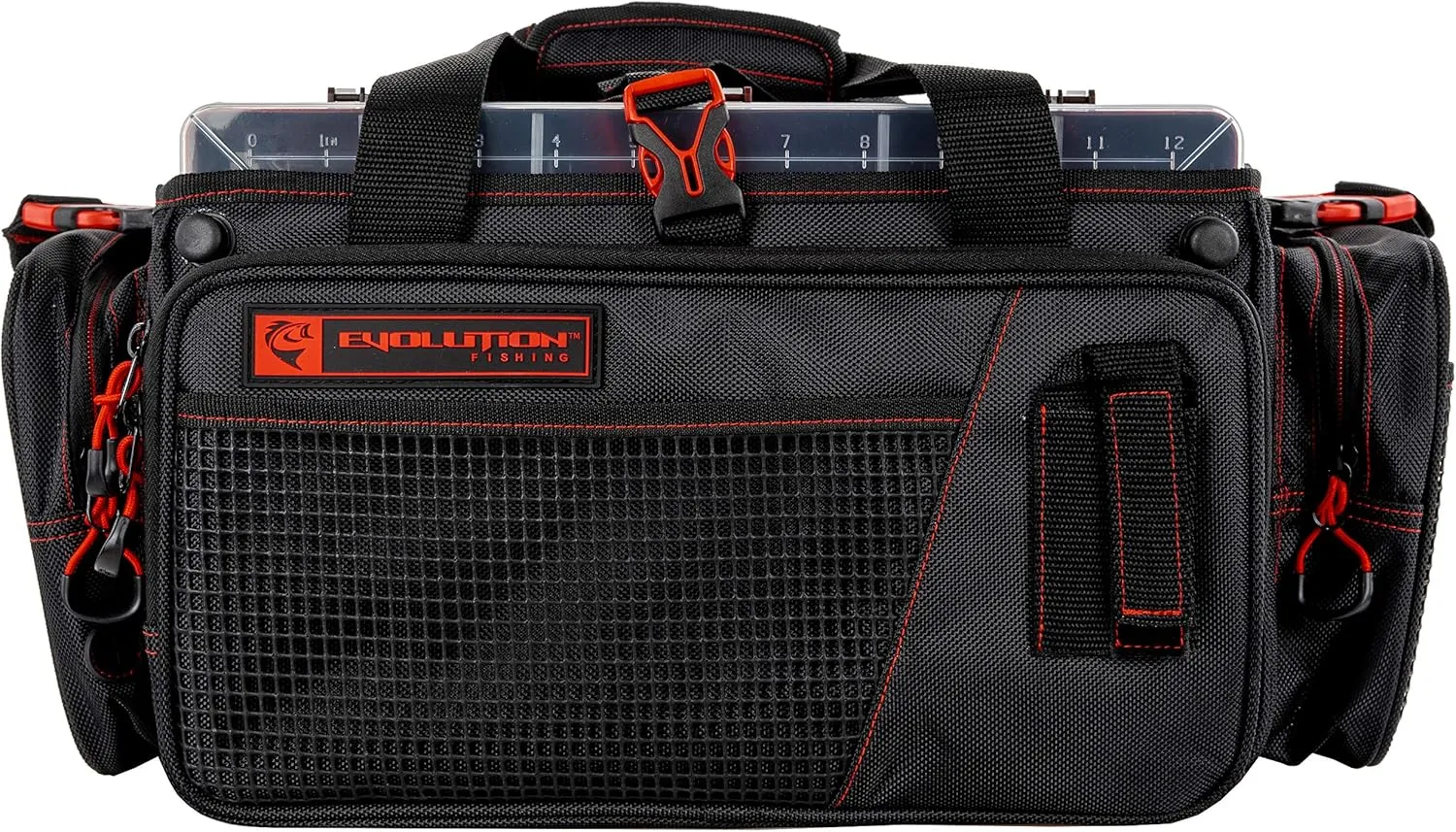 Evolution Outdoor Drift Series Topless Horizontal Tackle Bag – Outdoor Rucksack w/ 5 Fishing Tackle Trays, Padded Handle and Shoulder Strap, Plier Holster, Tackle Carrying Case