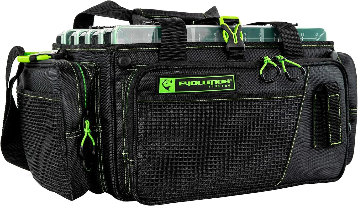Evolution Outdoor Drift Series Topless Horizontal Tackle Bag – Outdoor Rucksack w/ 5 Fishing Tackle Trays, Padded Handle and Shoulder Strap, Plier Holster, Tackle Carrying Case