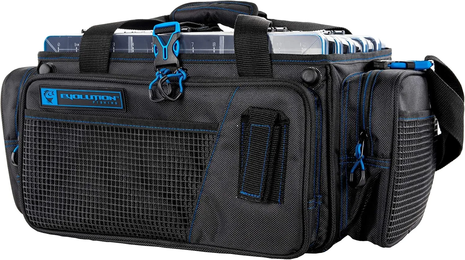 Evolution Outdoor Drift Series Topless Horizontal Tackle Bag – Outdoor Rucksack w/ 5 Fishing Tackle Trays, Padded Handle and Shoulder Strap, Plier Holster, Tackle Carrying Case