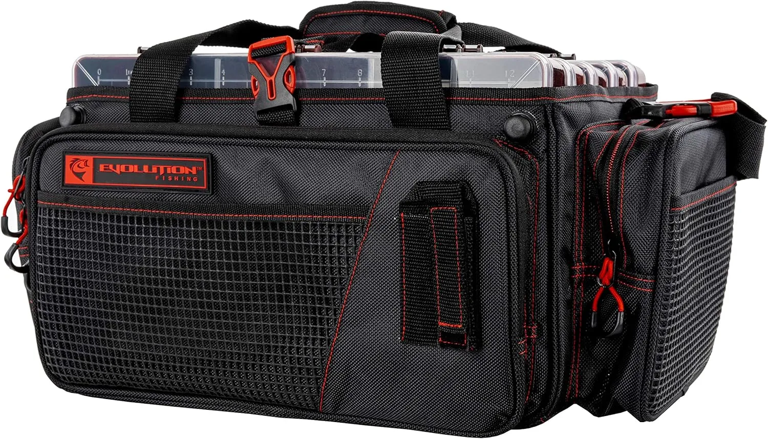 Evolution Outdoor Drift Series Topless Horizontal Tackle Bag – Outdoor Rucksack w/ 5 Fishing Tackle Trays, Padded Handle and Shoulder Strap, Plier Holster, Tackle Carrying Case