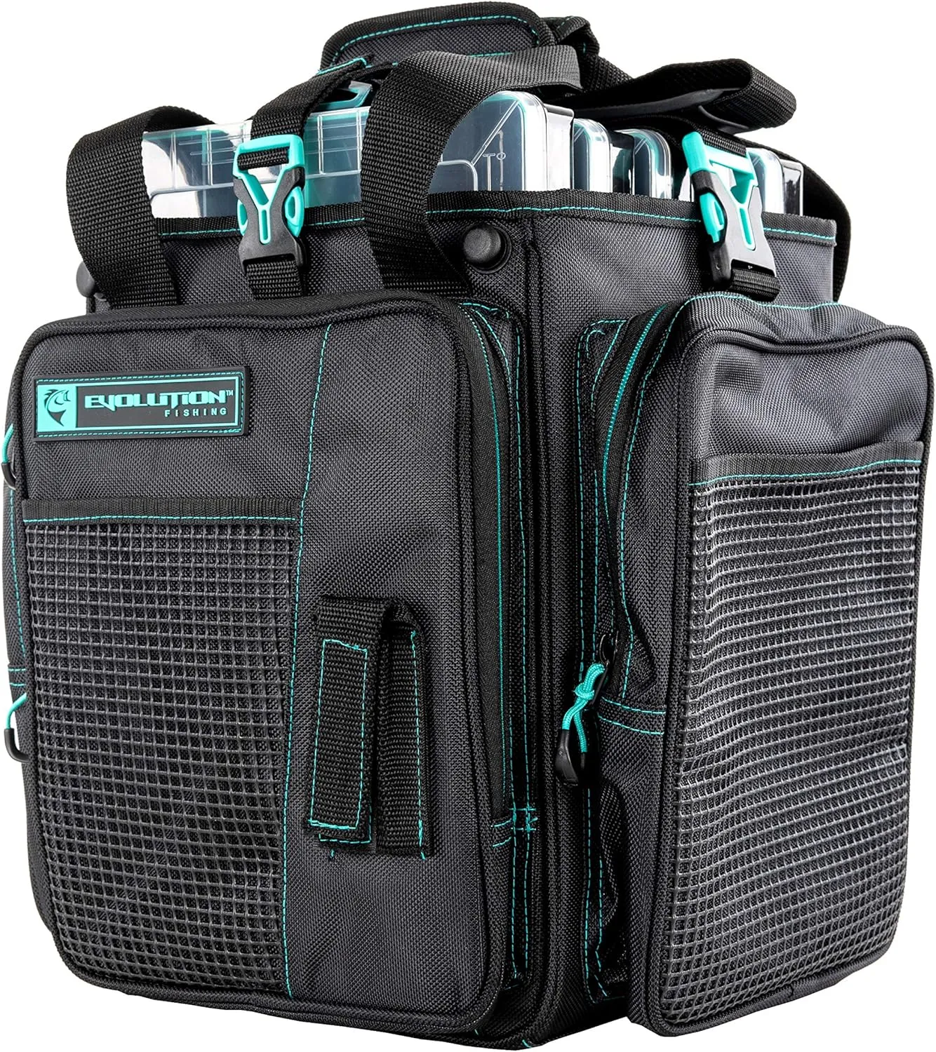 Evolution Outdoor Drift Series Topless Vertical Tackle Bag – Outdoor Rucksack w/ 5 Fishing Tackle Trays, Padded Handle and Shoulder Strap, Plier Holster, Tackle Carrying Case