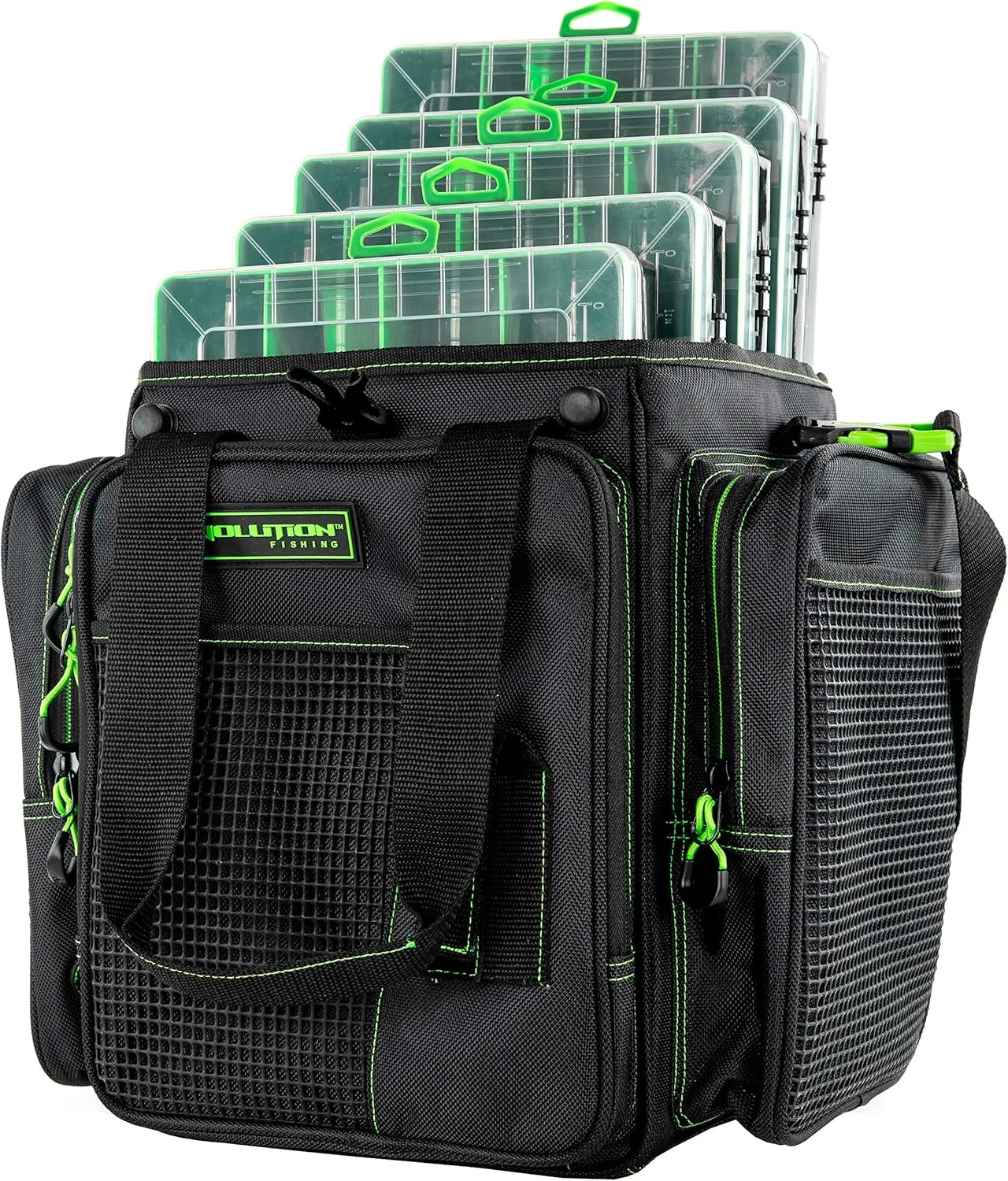 Evolution Outdoor Drift Series Topless Vertical Tackle Bag – Outdoor Rucksack w/ 5 Fishing Tackle Trays, Padded Handle and Shoulder Strap, Plier Holster, Tackle Carrying Case