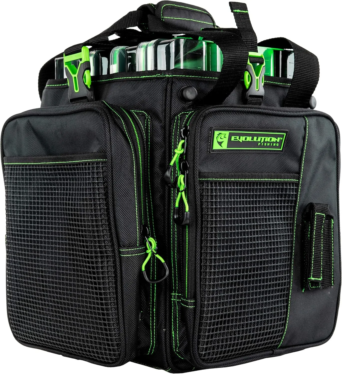 Evolution Outdoor Drift Series Topless Vertical Tackle Bag – Outdoor Rucksack w/ 5 Fishing Tackle Trays, Padded Handle and Shoulder Strap, Plier Holster, Tackle Carrying Case