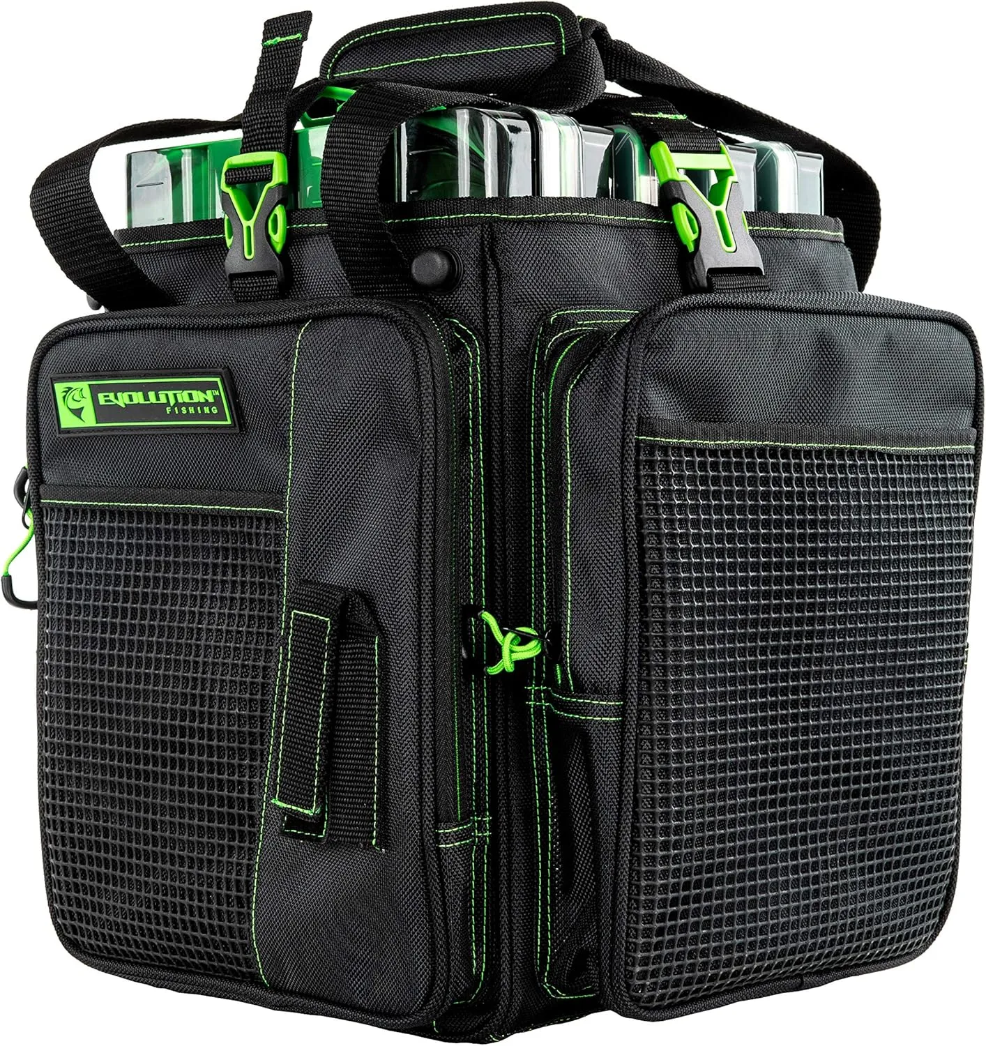 Evolution Outdoor Drift Series Topless Vertical Tackle Bag – Outdoor Rucksack w/ 5 Fishing Tackle Trays, Padded Handle and Shoulder Strap, Plier Holster, Tackle Carrying Case