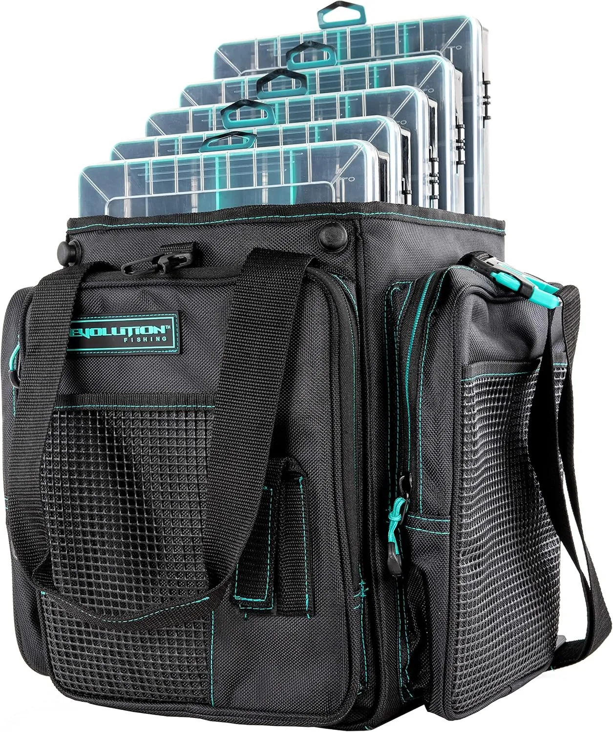 Evolution Outdoor Drift Series Topless Vertical Tackle Bag – Outdoor Rucksack w/ 5 Fishing Tackle Trays, Padded Handle and Shoulder Strap, Plier Holster, Tackle Carrying Case