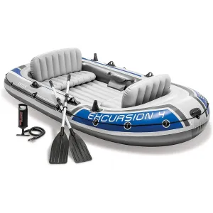 Excursion Inflatable 4 Person Boat with Deluxe Oars & High-Output Pump