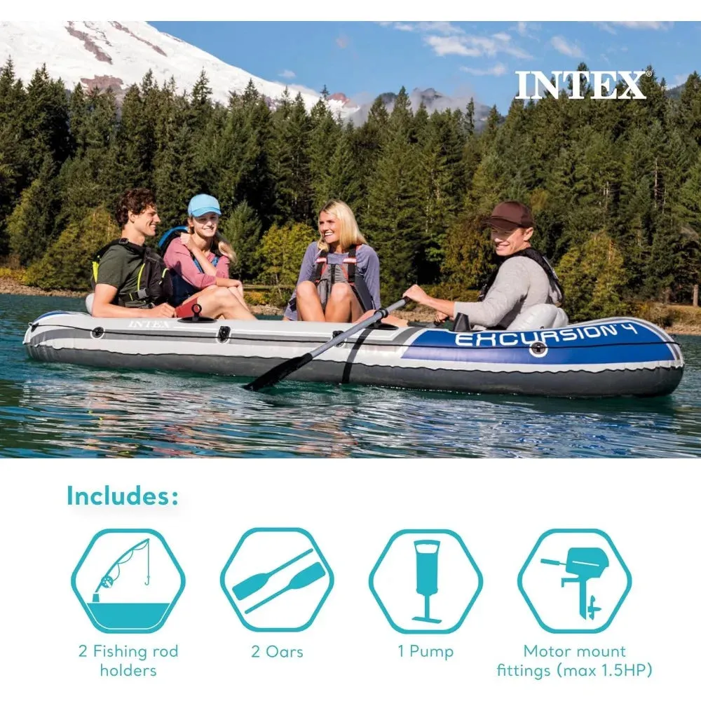 Excursion Inflatable 4 Person Boat with Deluxe Oars & High-Output Pump