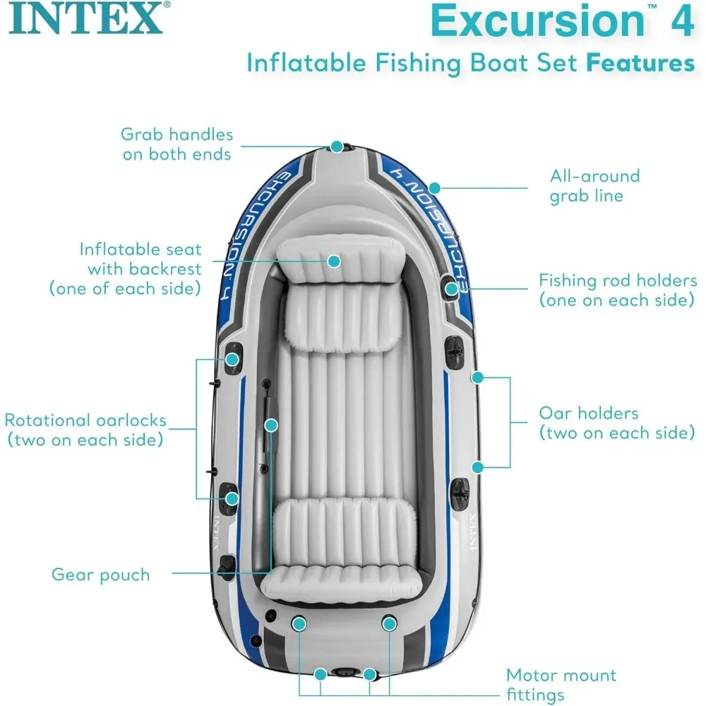 Excursion Inflatable 4 Person Boat with Deluxe Oars & High-Output Pump